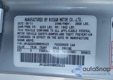 2011 Nissan 370Z Touring z USA, uszkodzony, nr VIN JN1AZ4EH0BM555433